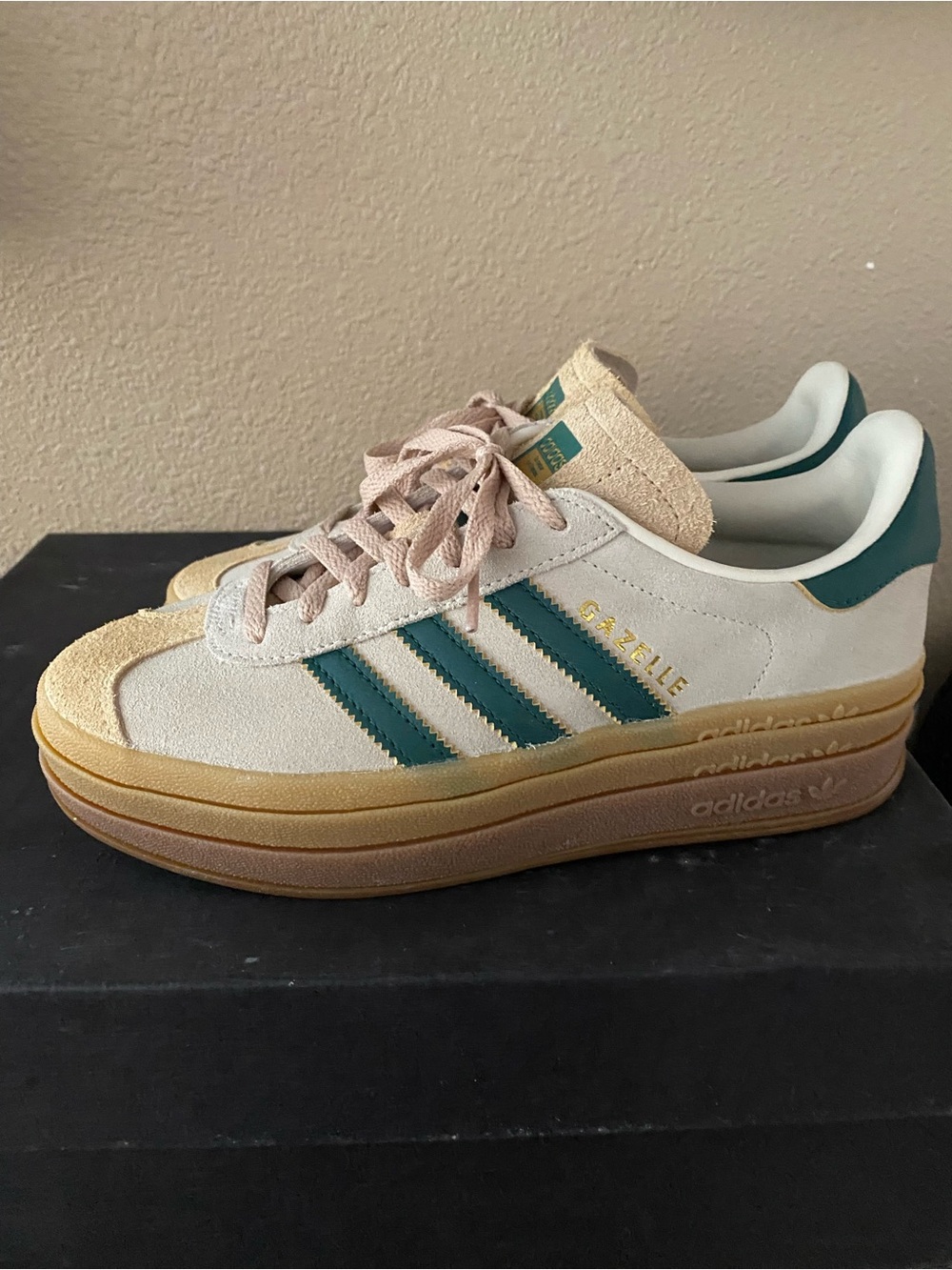 adidas Platform Gazelle Sneakers in Cream and Green with Gum Midsole
